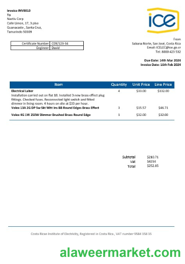 Costa Rica Costa Rican Institute of Electricity business utility bill word and pdf formats